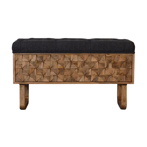 u shape diamond carved black tweed storage bench