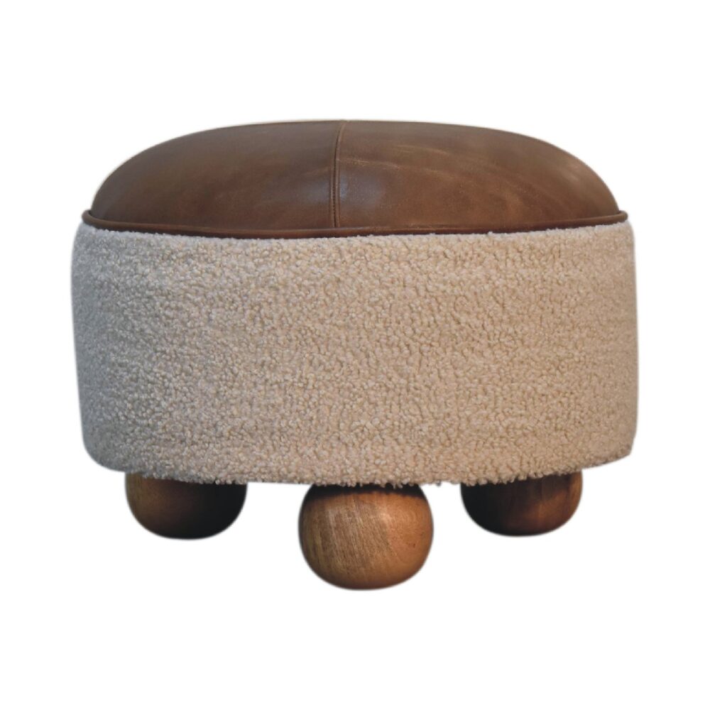 Cream Boucle Buffalo Hide Round Footstool with Ball Feet for resale