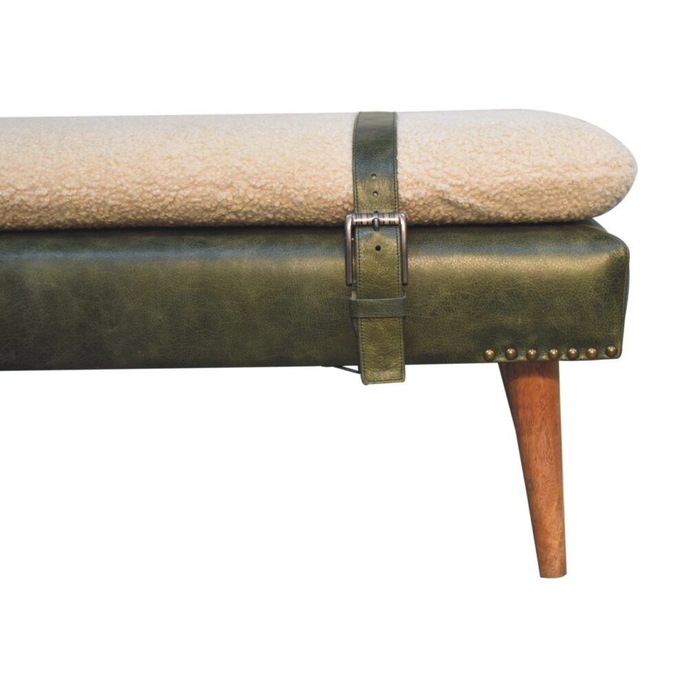 Bouclé Buffalo Hide Olive Green Leather Bench - Image 4