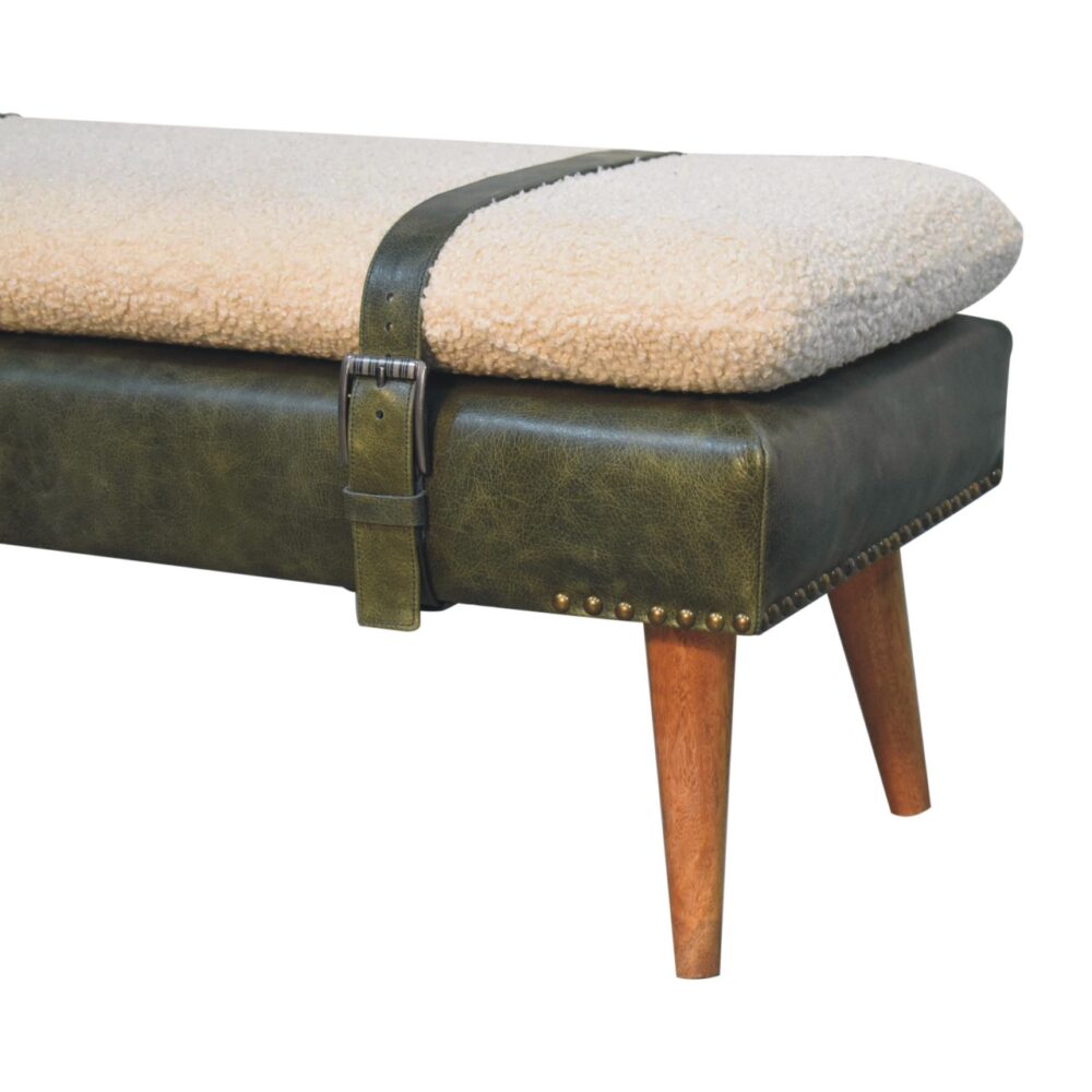 Bouclé Buffalo Hide Olive Green Leather Bench - Image 6