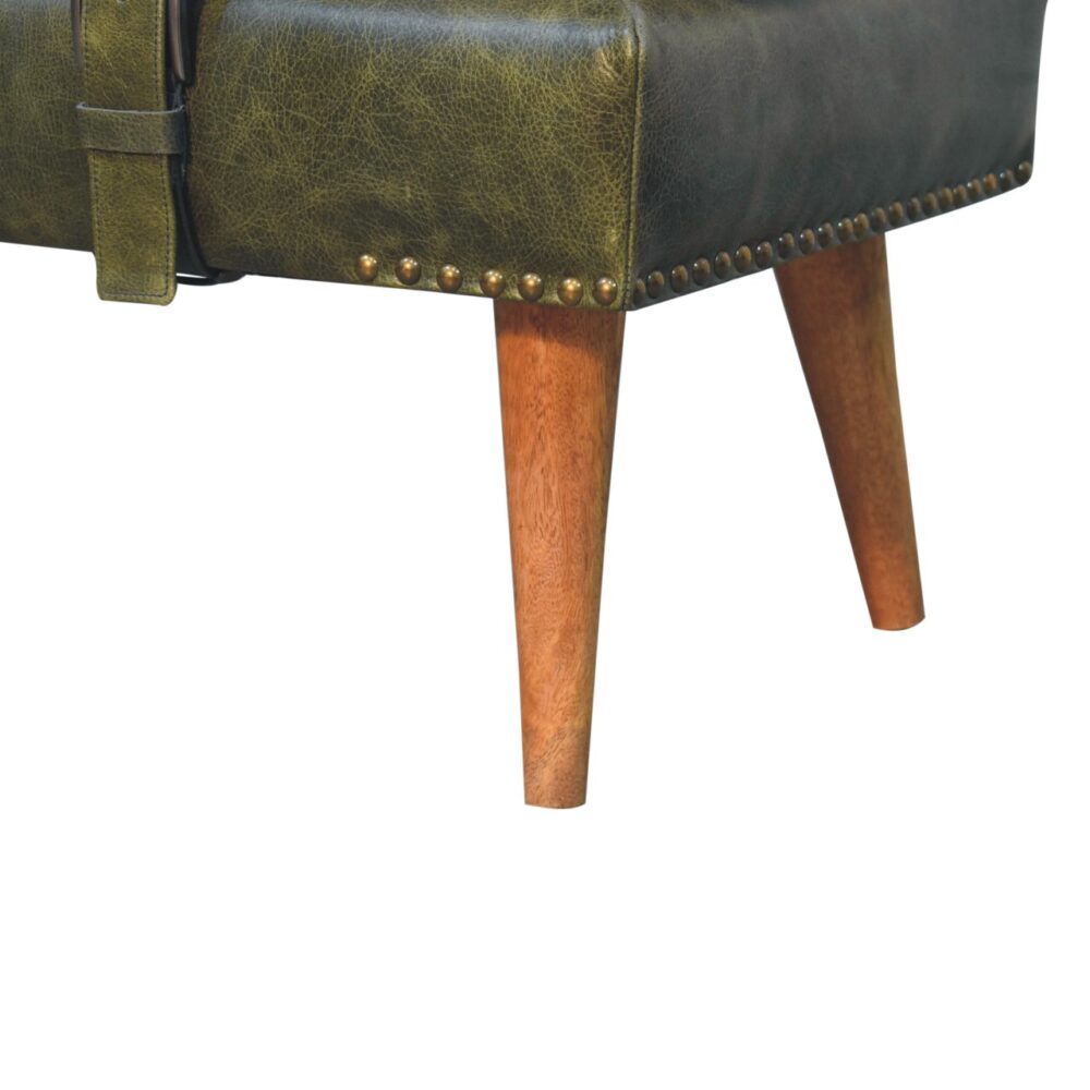 Bouclé Buffalo Hide Olive Green Leather Bench - Image 7