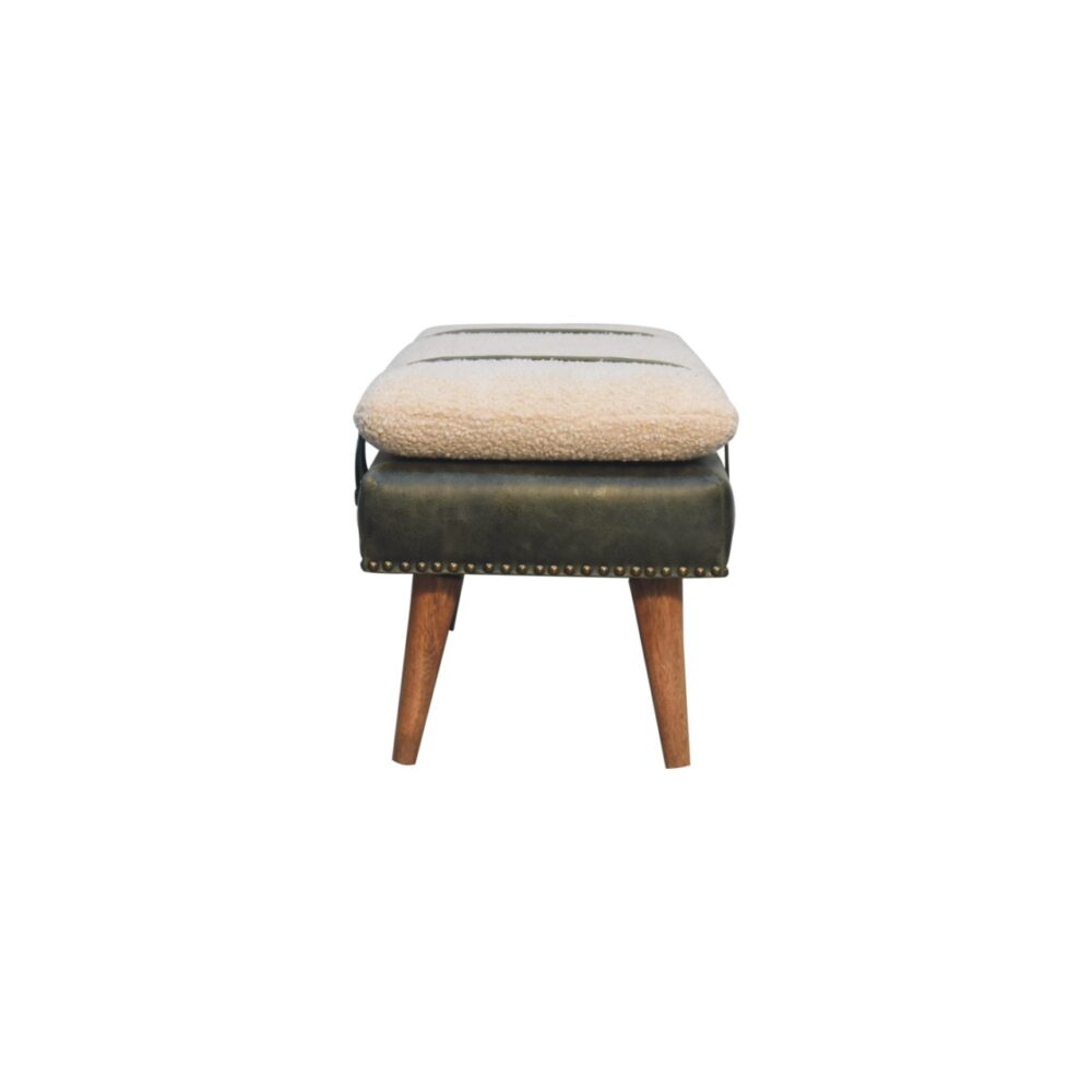Bouclé Buffalo Hide Olive Green Leather Bench - Image 8