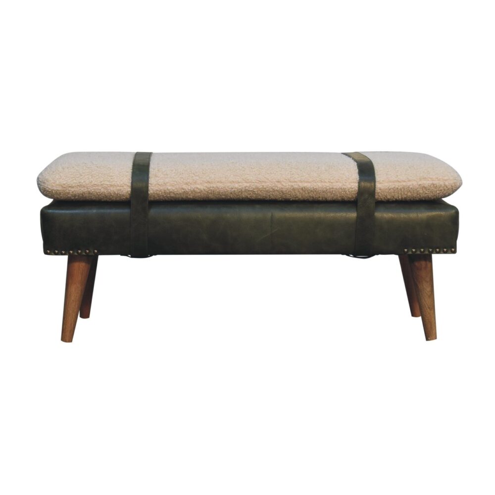 Bouclé Buffalo Hide Olive Green Leather Bench - Image 9