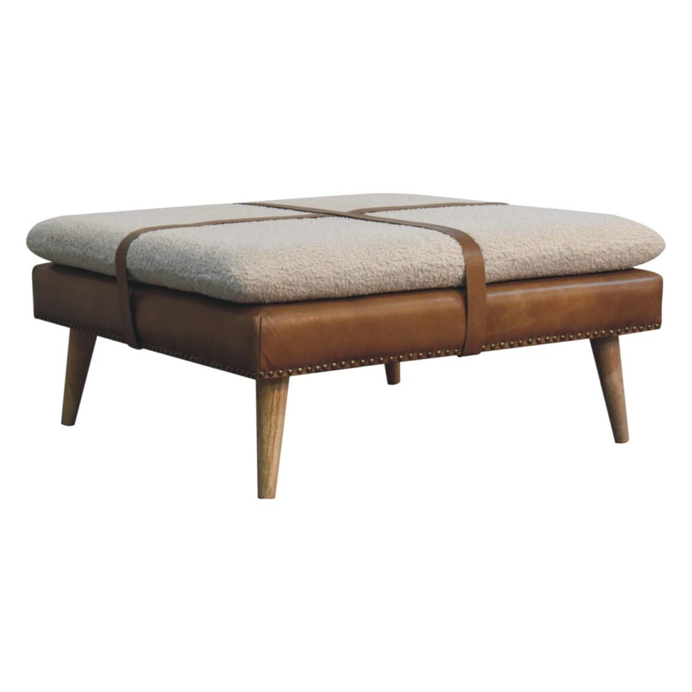 Large Square Bouclé Buffalo Hide Brown Leather Footstool - Image 4